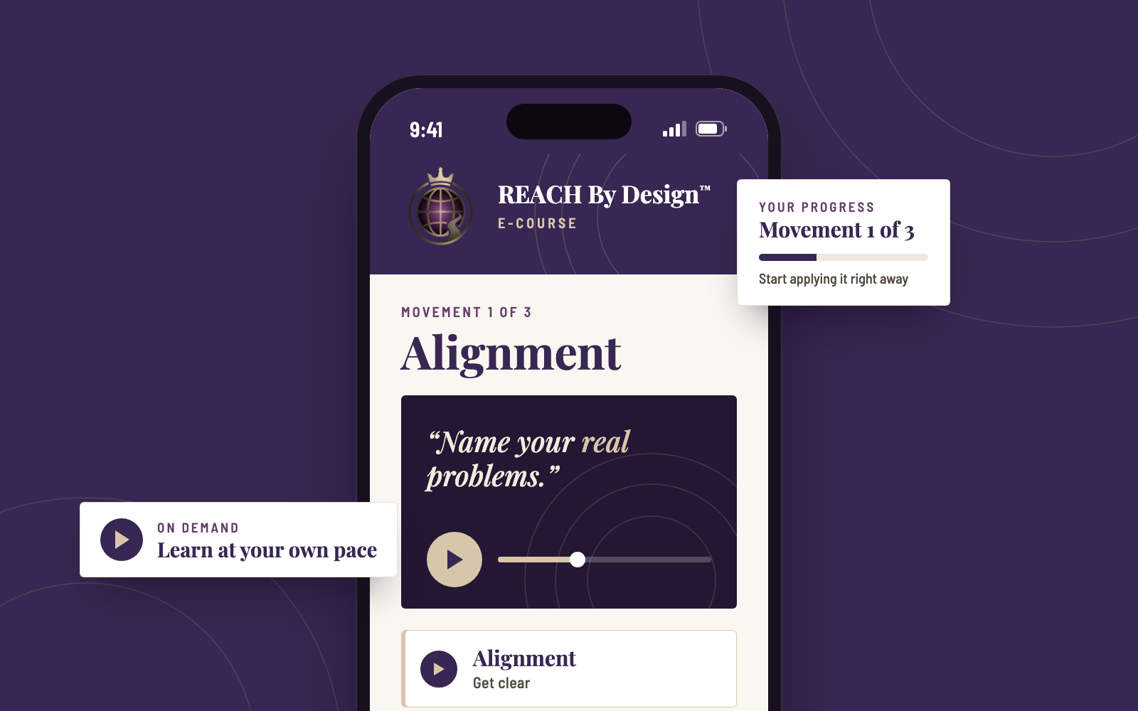 A phone showing a lesson from the REACH By Design E-Course: the Alignment movement, a video lesson, and your progress through the course.